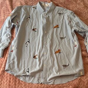 Blue Embroidered Cat Print Shirt